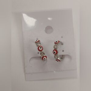 NEW! 18k White Gold Filled Mini Huggie Hoop Earrings with Red Evil Eyes Goldoro